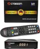 A collage showing the packaging, remote control, and the digital satellite receiver itself. Produktbild-Vorschau