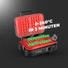 An open red waffle maker with text overlays highlighting its features. Produktbild-Vorschau