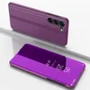 A purple smartphone case with a mirrored front cover is shown in a studio setting. Náhled obrázku produktu