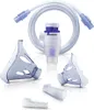 A collection of nebulizer parts, including masks, a nebulizer cup, and tubing, arranged on a white background. Produktbild-Vorschau
