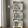 A modern white and walnut bookshelf filled with books and decorative items, placed against a textured gray wall. Produktbild-Vorschau