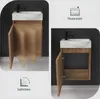 A collage showing a small bathroom vanity with a sink and faucet. One image shows the cabinet doors closed, and the other shows them open, highlighting storage space. There are also icons indicating storage and soft-close features. Produktbild-Vorschau