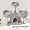 A grey cat tree with multiple platforms and a small house, set against a plain background. Podgląd zdjęcia produktu