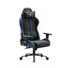 A black and blue gaming chair against a white background.