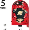 A red wooden pinball game with a space theme, shown with a metal ball and text indicating quantity. Produktbild-Vorschau