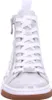 A close-up, front-facing view of a silver high-top sneaker with white laces and a brown sole. Voir les images du produit