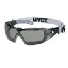A pair of safety glasses with a white strap and the brand name 'uvex' printed on it. Produktbild-Vorschau