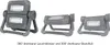 Three views of a gray LED work light with a stand, showing different angles and configurations. Produktbild-Vorschau