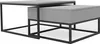 A modern nesting coffee table set with a drawer and storage, featuring a gray finish and black metal frame. Produktbild-Vorschau