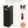 A diagram showing the dimensions of a black trash can, along with illustrations of gloves, a soda bottle, and a pizza. Podgląd zdjęcia produktu