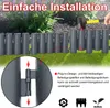A garden border made of plastic with a wood-like texture is shown installed in a garden. The image includes text overlays and close-up views highlighting installation features. Produktbild-Vorschau
