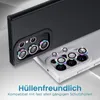 Close-up of two smartphone camera lens protectors with iridescent, jewel-like rims, placed on the camera modules of two different colored phones. Produktbild-Vorschau