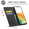 A black phone case with card slots and a phone inside, with text overlays highlighting features. Produktbild-Vorschau
