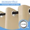 Close-up of beige outdoor curtains with silver grommets hanging on a black curtain rod. Produktbild-Vorschau