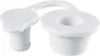 A white plastic stopper with a loop and a hole in the center, shown against a white background. Voir les images du produit