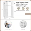 Collage of images showing dimensions and features of a white fabric wardrobe. Produktbild-Vorschau
