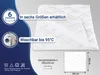 A white quilted blanket is shown with informational text and icons on a dark blue and gray background. Produktbild-Vorschau