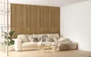 A living room with a sectional sofa and a wall covered in wooden slats. Produktbild-Vorschau
