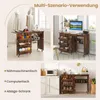 A collage of images showing a foldable sewing table in different settings: as a sewing station, a computer desk, and a storage cabinet in a kitchen. Text overlays describe its multi-scenario use. Podgląd zdjęcia produktu
