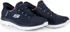 A pair of navy blue Skechers sneakers with pink accents and white soles, shown on a white background. Produktbild-Vorschau