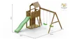 A 3D rendering of a wooden playground set with a slide and swings, with dimensions indicated. Produktbild-Vorschau