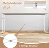 A long, narrow desk with a wooden top and a white metal frame, featuring an X-shaped support structure at the base. An inset shows a close-up of the metal frame construction. Podgląd zdjęcia produktu