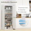 A white storage cabinet with its doors open, displaying shelves filled with various items. A kitchen counter with a sink and faucet is visible in the background. A circular inset highlights shelf spacing. Voir les images du produit