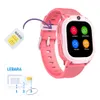 A pink smartwatch with a SIM card being inserted and instructions on how to use it. Produktbild-Vorschau