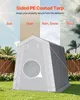 A grey storage tent is shown in a garden setting, with overlays indicating protection from sun, dust, rain, snow, and wind. Produktbild-Vorschau