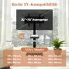 A TV stand is shown in front of a window with a blurred background of a house and trees. Text overlays provide product information. Podgląd zdjęcia produktu