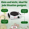 A white portable electric stove with information overlays, surrounded by images of food ingredients. Produktbild-Vorschau