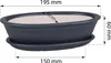 A dark grey oval bonsai pot with a matching saucer, shown with dimensions indicated by measurement lines and text. Náhled obrázku produktu