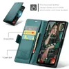 A teal leather wallet-style phone case is shown open, displaying card slots and a phone screen with a woman on it. Produktbild-Vorschau