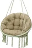A beige hanging chair cushion with fringe detail, suspended by ropes against a white background. Anteprima dell’immagine prodotto