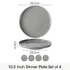 A set of four grey ceramic dinner plates with dimensions indicated. Produktbild-Vorschau