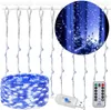 A product image of LED string lights, showing them hung as a curtain and coiled up, with a remote control and USB connector. Náhled obrázku produktu