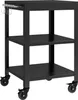A black metal serving cart with three shelves and wheels, shown from the front. Anteprima dell’immagine prodotto