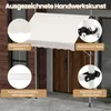 A white awning is installed over a wooden door, with close-up insets highlighting product features. Produktbild-Vorschau
