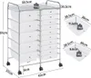 A multi-drawer rolling cart with a metal frame, shown with dimensions and weight indicators. Multiple views of the drawers are shown separately. Podgląd zdjęcia produktu