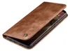 A brown leather flip case for a smartphone is shown from a diagonal angle, with the phone partially visible inside. Produktbild-Vorschau