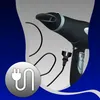 A close-up marketing image of a black hairdryer with a power cord and plug, set against a gradient background with blue accents. A circular icon with a stylized plug is in the lower left corner. Produktbild-Vorschau