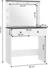 A white vanity table with a mirror and lights, showing dimensions. Voir les images du produit