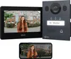 A collage showing a video doorbell system with an indoor monitor and a smartphone displaying the app interface. Produktbild-Vorschau