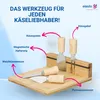 A set of cheese knives and a cutting board with labels pointing to different parts of the set. Produktbild-Vorschau