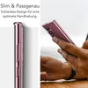 A person is holding a pink smartphone with a transparent case, showcasing its slim design. Produktbild-Vorschau