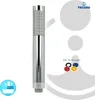 A chrome-plated shower head with anti-limescale nozzles and a set of colored gaskets, presented on a white and light gray background with marketing elements. Produktbild-Vorschau