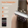 Close-up of a hair dryer being used on long brown hair, with text overlays highlighting product benefits. Produktbild-Vorschau