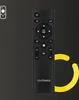 A black remote control for a projector is shown against a dark gray background with a yellow curved accent. Voir les images du produit