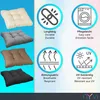 A collage of lounge cushions in different colors and marketing icons highlighting product features. Produktbild-Vorschau