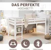 A white loft bed in a child's room, decorated with stuffed animals and framed pictures. Produktbild-Vorschau